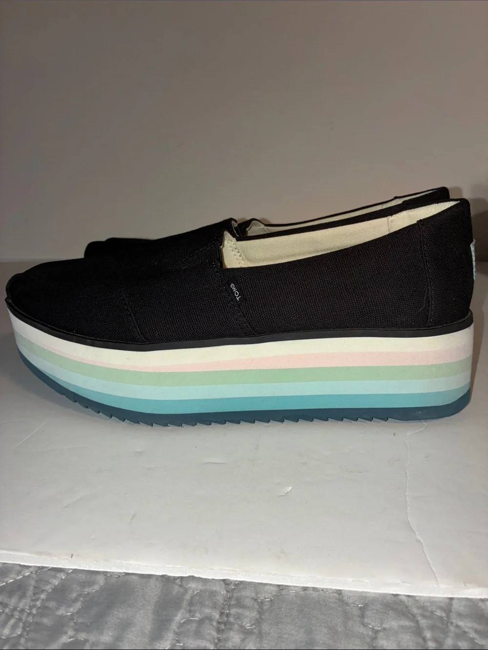TOMS, Women’s 8.5, Black Canvas Platform Slip-Ons with Pastel Striped Sole